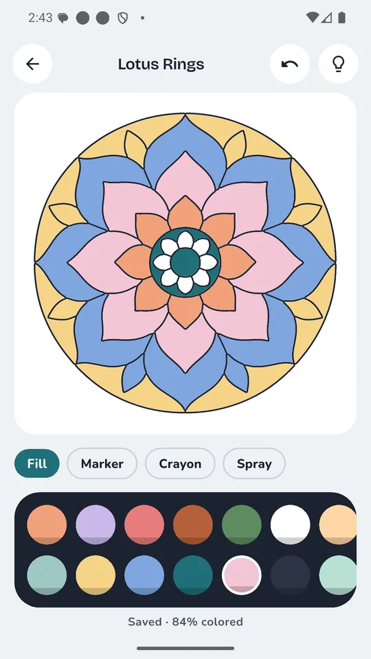 Hushpaint coloring screen with a half-colored mandala and the paint-well dock
