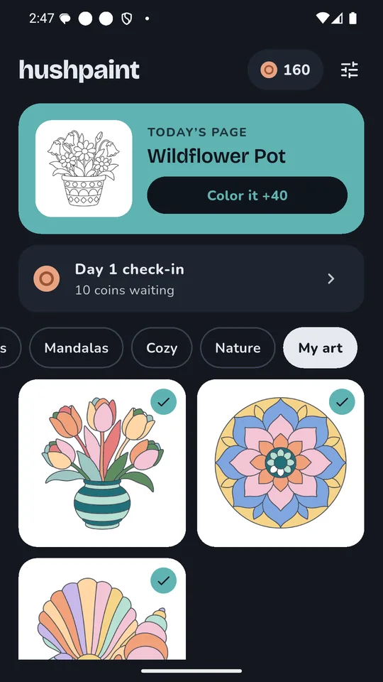 Hushpaint home screen in dark mode