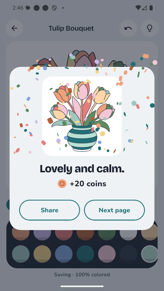 A finished tulip bouquet with soft paint-drop confetti and +20 coins