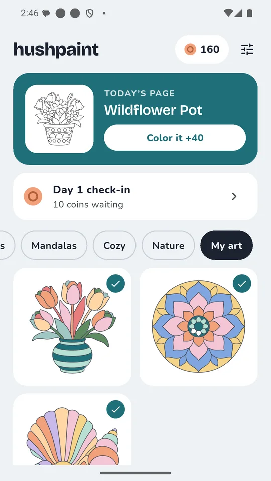My art gallery with finished tulips, mandala and seashells